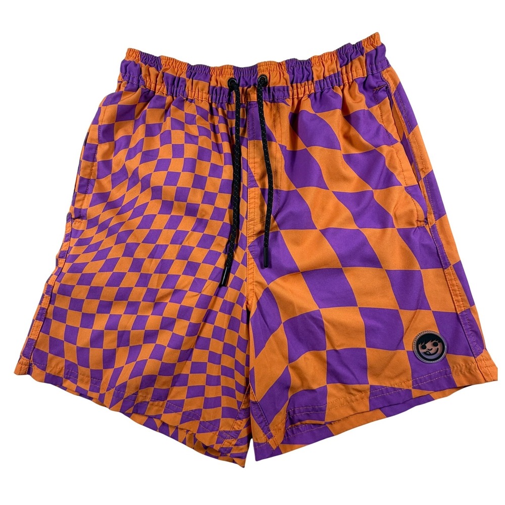 Neff Mens Swim Trunks Orange Purple Trippy Checkerboard Board Shorts Medium